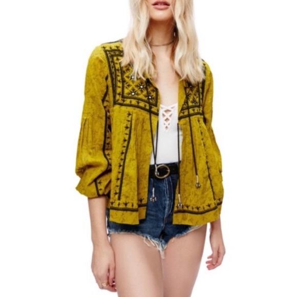 free people | twilight folk embroidered jacket tie-front closure chartreuse s - Picture 14 of 16